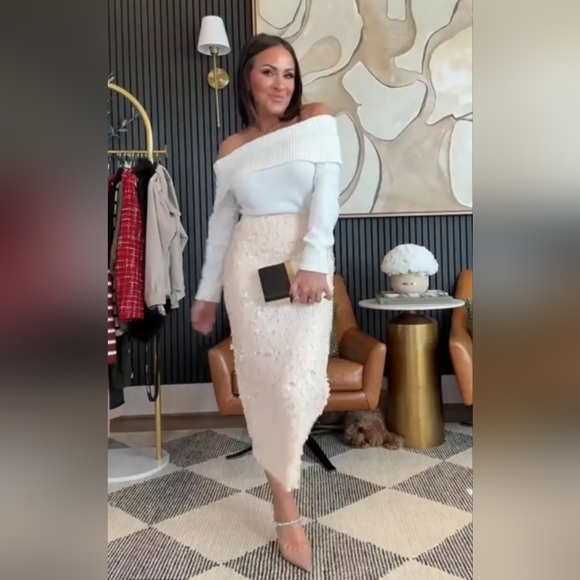 No Offers New S M L H&M Sequined High-waisted Midi Skirt Cream White - Picture 3 of 7